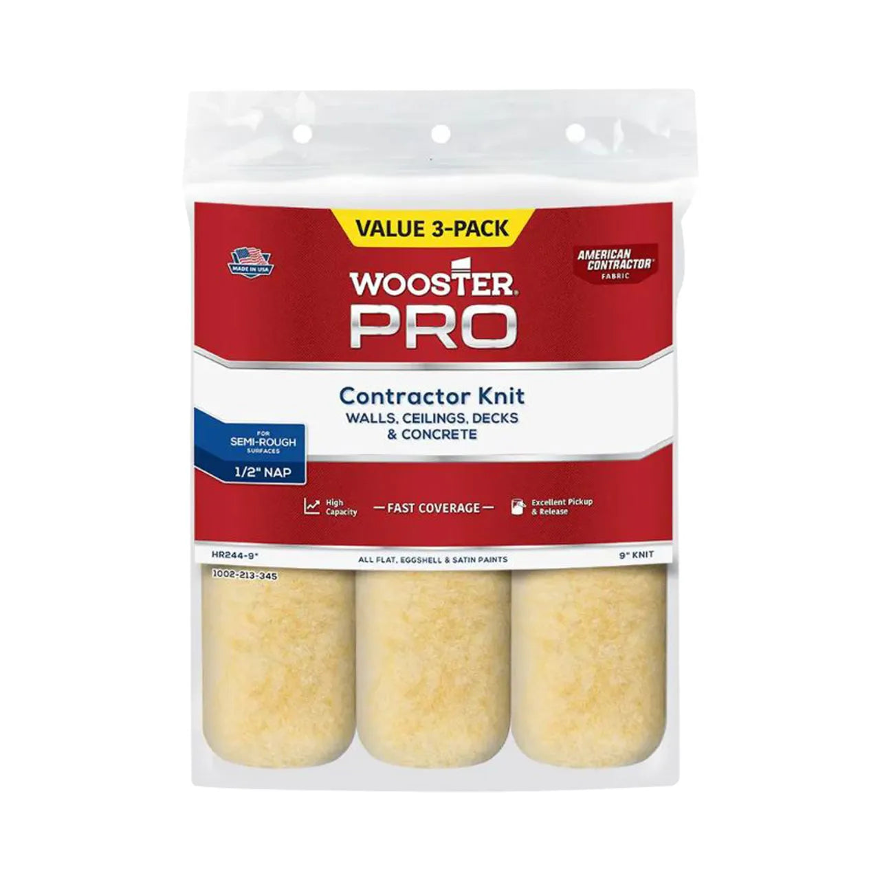 The Go Build 9 in. x 1/2 in. Pro American Contractor High-Density Knit Fabric Roller package includes three rollers ideal for semi-rough surfaces like walls and ceilings, featuring fast coverage and white packaging with red and blue accents.